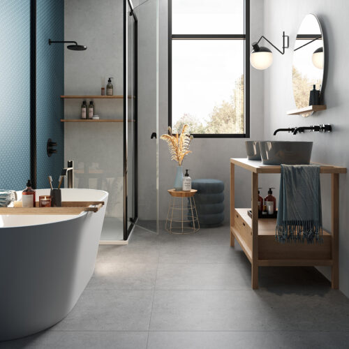 Michelangelo Solid White_Rovere Chiaro_Aurora_Cava Grigio Antracite_Bathroom